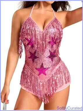Sequin Fringe Halter Bodysuit Deep V Backless Rave Dance Romper